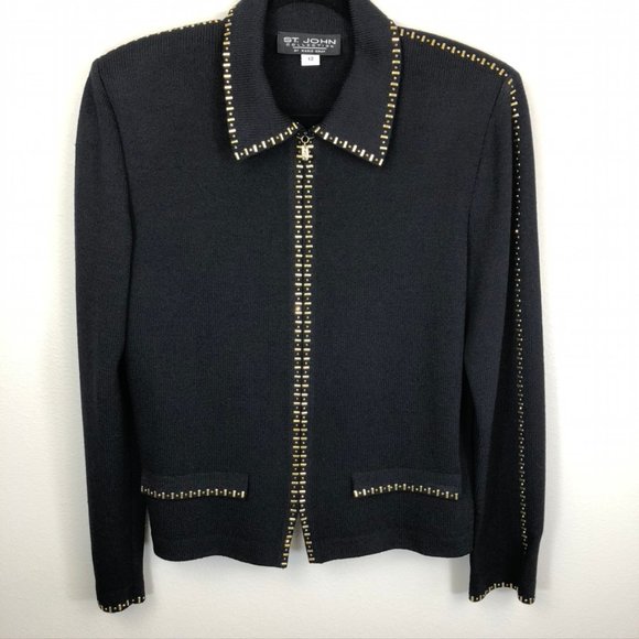 St. John Black Zip Blazer with Gold Accoutrements